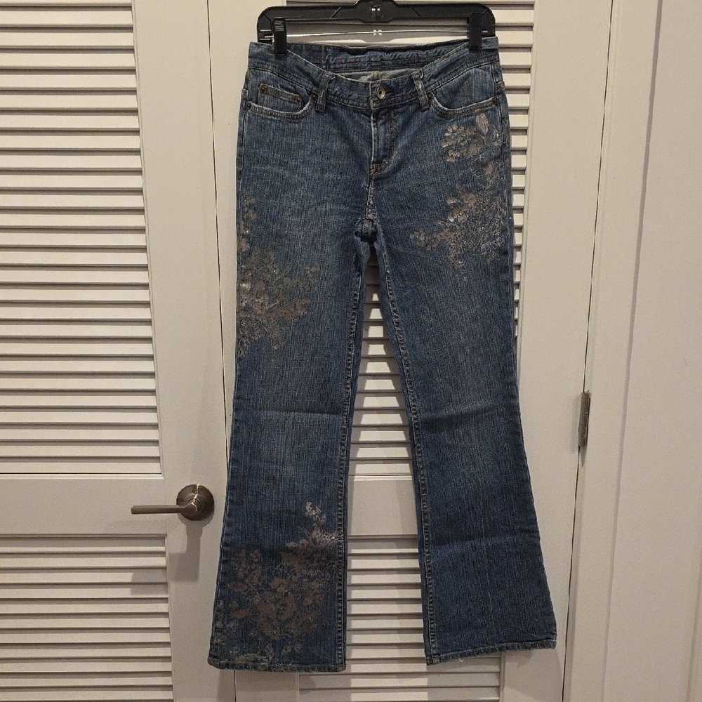 Express Blue and Gold Flare Wide Leg Jeans